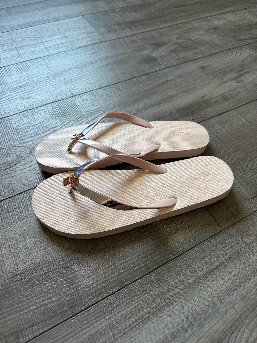 MICHAEL Michael Kors Pale Pink Flip Flop Sandals with Rose Gold Strap